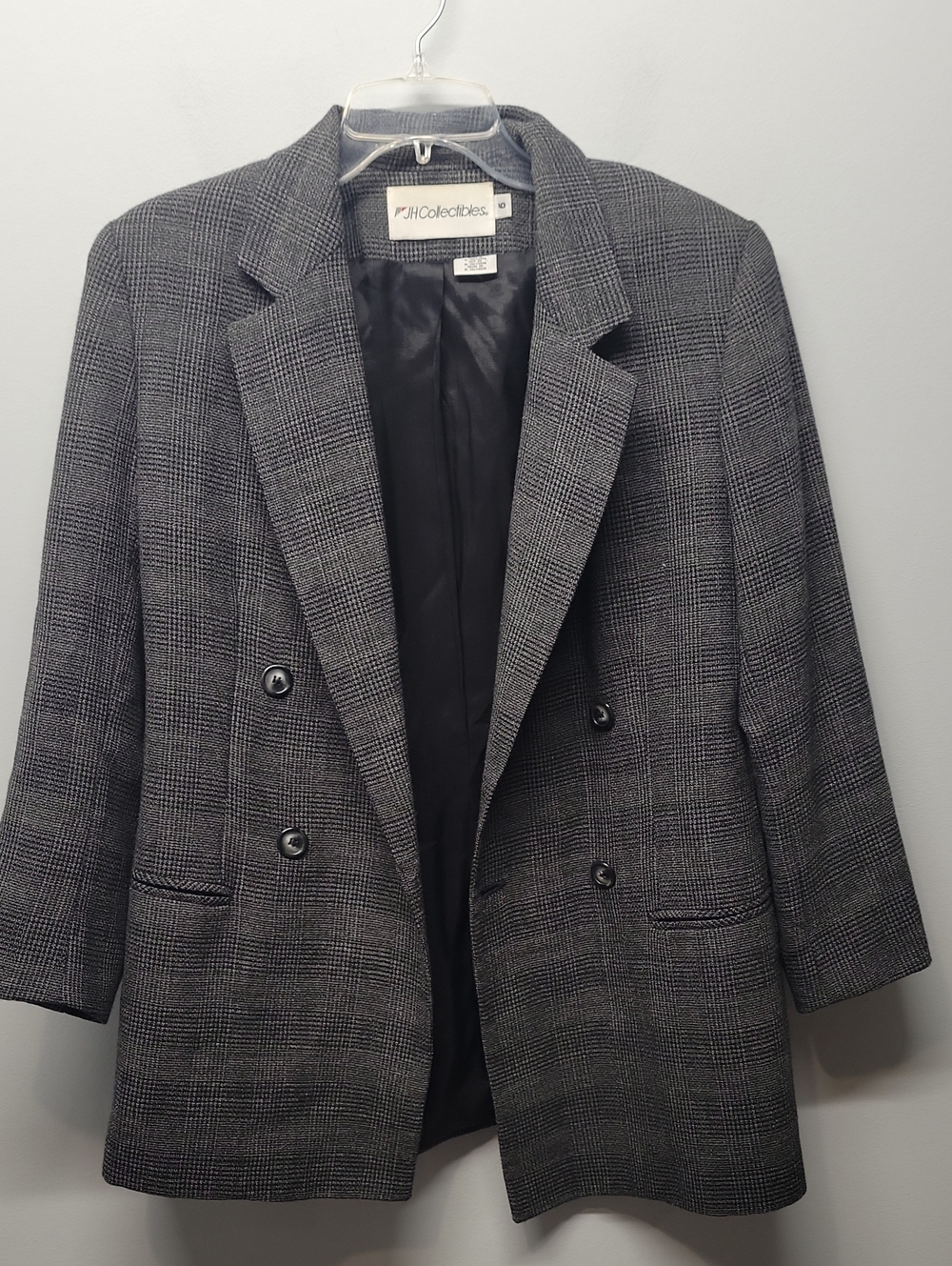 JH Collectibles vintage gray plaid double breasted long wool blazer size 6